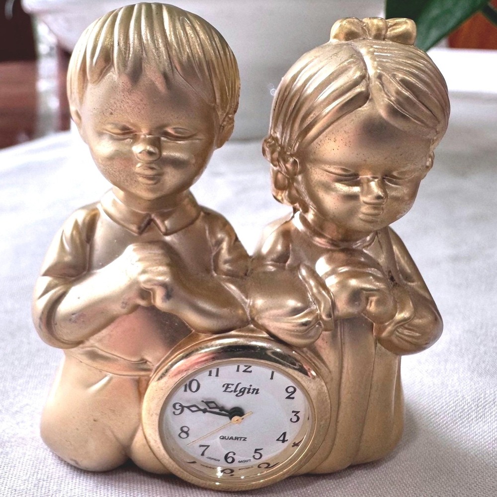 Vintage Elgin Quartz Praying Children Gold Tone Religious Clock Desk Shelf Decor